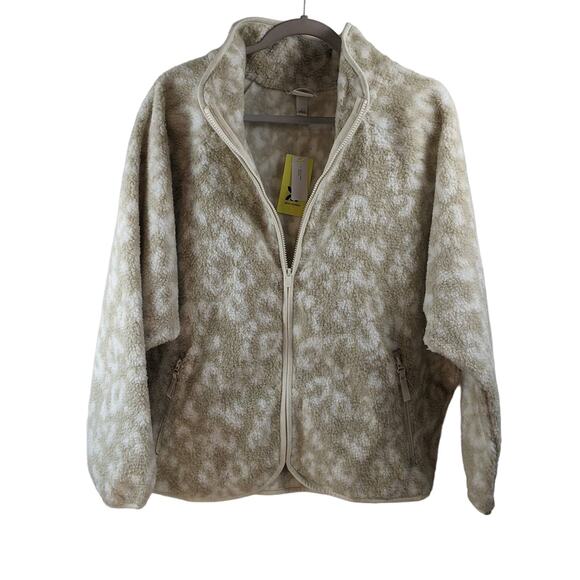 All in Motion Animal Print Sherpa Jacket Ivory L Relaxed Casual Coat Zip Up Cozy - Picture 1 of 8